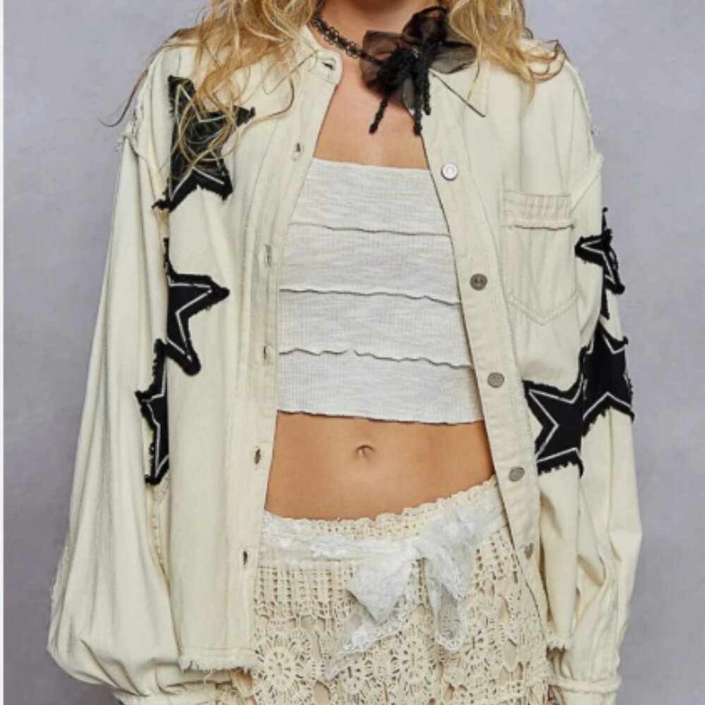 Pol Star Patch Raw Hem Button Up Chest Pockets Ov… - image 1